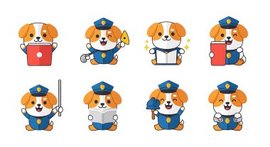 Şirin köpek çizgi film maskotunun vektör kümesi. Köpek kostümü seti.