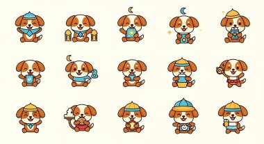 Farklı duyguları olan bir dizi yavru köpek, vektör çizimi.