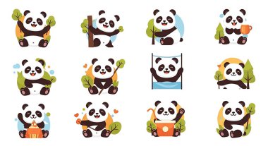 Bir dizi panda ve sevimli hayvanlar. Şirin pandanın vektör çizimi.