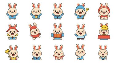 Çizgi film sevimli tavşan simgelerinin vektör kümesi