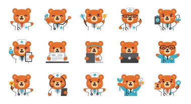 Ayı ve steteskoplu doktor çizgi filmi. Tıbbi ifade dizisi, vektör illüstrasyonu