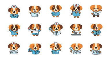 Farklı pozlarda bir dizi karikatür doktoru. Tıbbi üniformalı ve tıbbi maskeli sevimli çizgi film karakterlerinin vektör çizimleri.