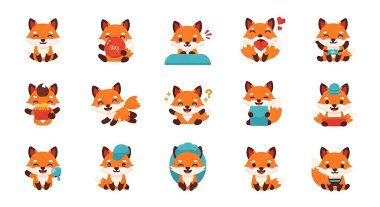 Şirin tilki vektör seti, çizgi film karakteri çizimi, farklı pozlarda tilki. Farklı pozlarda şirin tilki. Farklı pozlarda şirin tilki, izole edilmiş