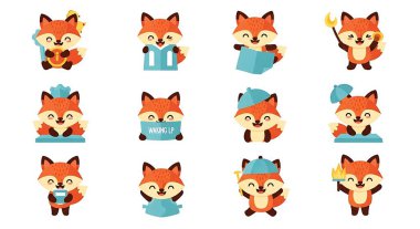 vektör çizgi filminde kızıl saçlı şirin tilki, şirin, şirin, sevimli tilki, tilki ve tilki yavrusu. beyaz üzerine izole