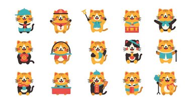 Farklı duyguları olan bir dizi şirin tilki. vektör illüstrasyonu