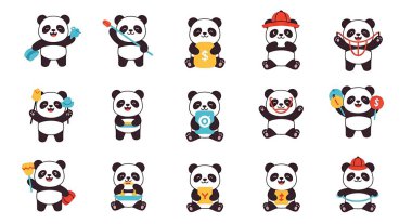 Panda panda vektör seti, sevimli çizgi film karakteri, hayvan karakteri..