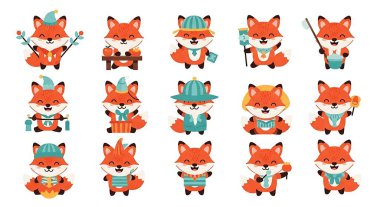 Kırmızı tilki ve düz stil bir çizgi film seti. izole vektör illüstrasyonu