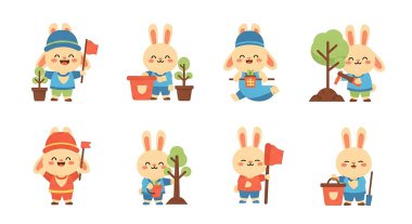 Tavşanlı mutlu tavşan seti. düz vektör illüstrasyonu.
