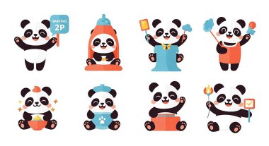 Güzel çizgi film hayvan panda vektörü seti. Komik panda ve panda, panda, panda, panda, panda ve ayı, panda, panda.