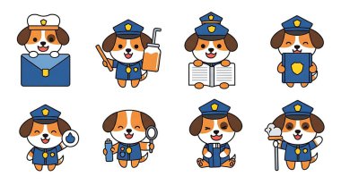 Üniformalı ve üniformalı çizgi film köpeklerinin vektör kümesi. Sevimli hayvan. izole resim.