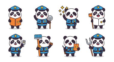 Şirin panda çizgi film seti. Farklı pozları olan bir grup şirin panda. Beyaz üzerine izole edilmiş. düz çizgi film biçimi.