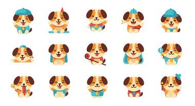 köpek çizgi filmi vektör illüstrasyonu, düz simge seti