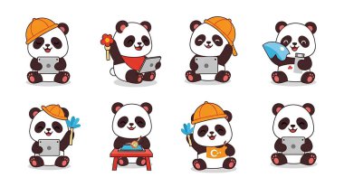 Yüzü değişik şekillerde şirin bebek panda. Şirin pandaların vektör kümesi. Beyaz bir arka planda izole edilmiş. vektör