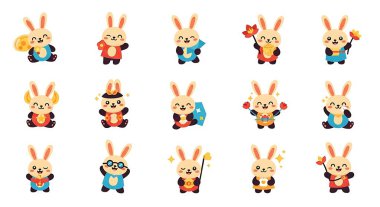 Sevimli tavşan ikonu seti. ağ için tavşan vektör simgelerinin karikatür çizimi