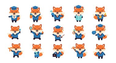 Sevimli küçük tilki karakter seti. çizgi film vektör illüstrasyonu