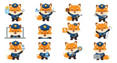 Farklı pozisyonlarda sevimli köpek çizgi film karakterleri.