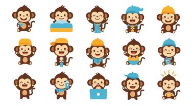 değişik ifadeleri olan bir maymun. çizgi film vektör illüstrasyonu