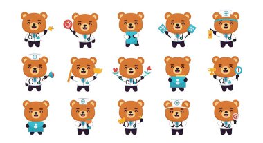 Tıbbi maskesi ve steteskopu olan sevimli çizgi film ayısı, izole vektör çizimi, çizgi film karakteri.