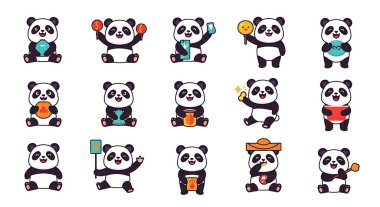 Farklı duyguları olan bir dizi şirin panda. Panda illüstrasyonu.