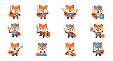 Çıkartmalar için çeşitli pozları olan şirin tilki. vektör illüstrasyonu.