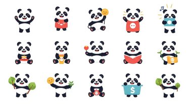 Şirin panda çizgi film seti. vektör illüstrasyonu.