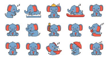 Farklı duyguları olan sevimli bebek fillerin vektör çizimleri. vektör illüstrasyonu