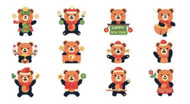 Farklı pozlarda bir dizi Noel Ayısı, vektör illüstrasyonu