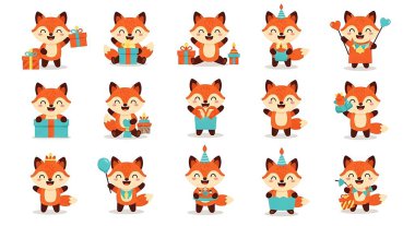 Şirin tilki karakter koleksiyonu. vektör illüstrasyonu