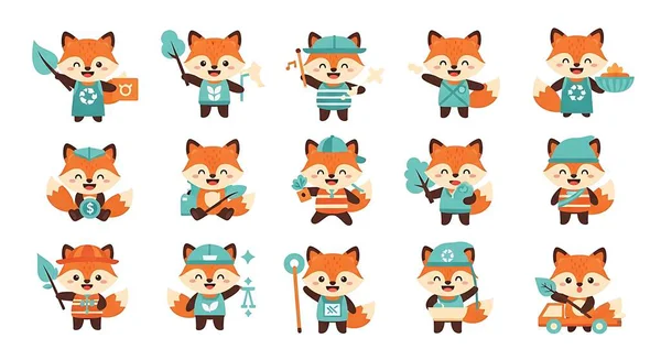 Şirin tilki karakteri. vektör karikatür seti. izole resim