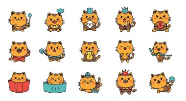 Sevimli çizgi film kedileri ve köpekler vektör kümesi.