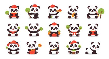 Çeşitli pozlarda bir dizi şirin panda. izole vektör illüstrasyonu.