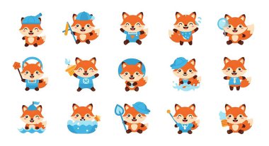 Beyaz arka planda izole edilmiş bir dizi kırmızı tilki çizgi film karakteri. çocuklar için düz tasarım vektör çizimi