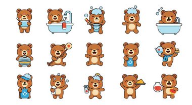 Değişik ifadeleri olan sevimli çizgi film ayısı. vektör illüstrasyonu