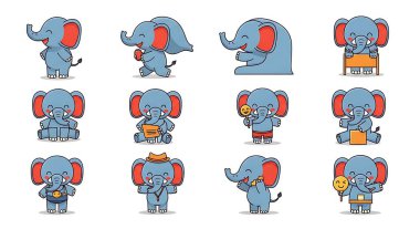 Şirin bir fil seti. Beyaz arkaplanda izole edilmiş vektör illüstrasyonu.