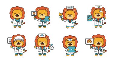 Köpek şeklinde şirin bir ayıyla sevimli bir çizgi film doktorunun vektör çizimi. Farklı duyguların sevimli karakteri.