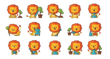 Değişik ifadeleri olan sevimli çizgi film aslanı vektör çizimlerini ayarla