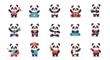 Çeşitli pozlarda şirin panda seti. Beyaz arka planda izole edilmiş. vektör illüstrasyonu.