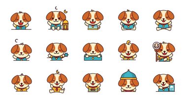 Yüzünde farklı ifadeler olan bir dizi çizgi film köpeği.