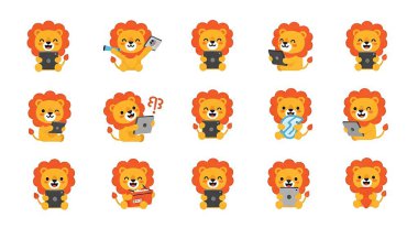 şirin aslan çizgi film karakterinin vektör kümesi.