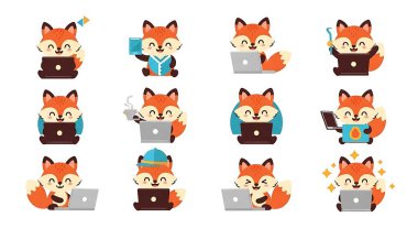Çizgi film sevimli tilkinin vektör kümesi.