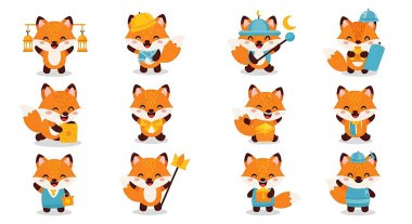 Farklı pozlarla sevimli tilki çizgi filmi.