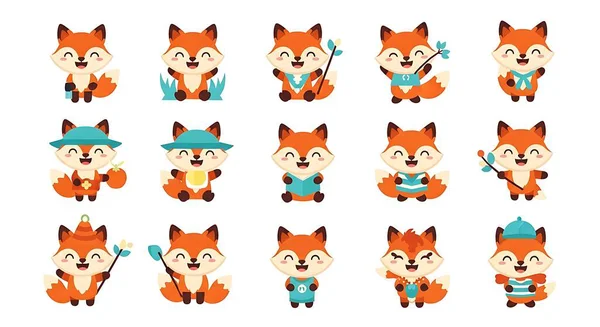 Şirin tilki, tilki çizgi film karakteri seti, düz stil. vektör illüstrasyonu