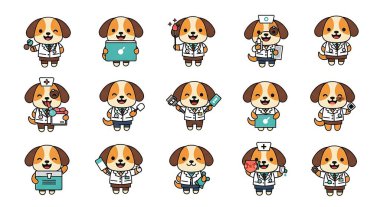 Farklı pozlarda köpek doktoru. vektör çizimleri kümesi.