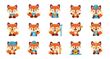 Tilki çizgi film karakterlerinin vektör kümesi. Farklı gözlü şirin tilki. Sevimli hayvan. Beyaz arkaplanda izole vektör illüstrasyonu.