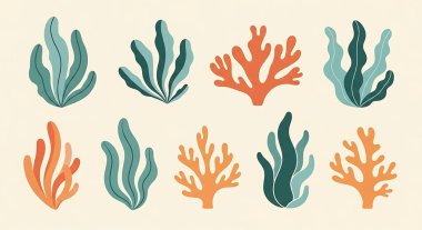 vektör set deniz mercanı, mercan, mercan, yosun.