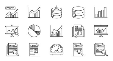 Finansal veri istatistikleri ve istatistik çizgisi simgelerinin vektör kümesi.