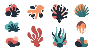 El yapımı deniz bitkileri ve deniz elementleri. Beyaz arkaplanda izole edilmiş vektör illüstrasyonu.