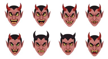 Farklı duyguları olan bir şeytan topluluğu. vektör karikatür çizimi beyaz arkaplanda izole edildi.