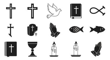 Hıristiyan haç simgesi seti, beyaz arkaplanda izole edilmiş basit biçim