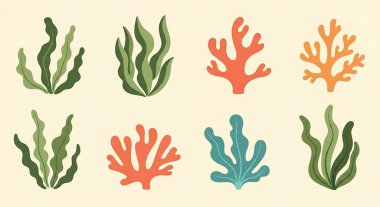 Mercan resifi ve yosun seti. Su altı deniz yaşamı. vektör illüstrasyonu